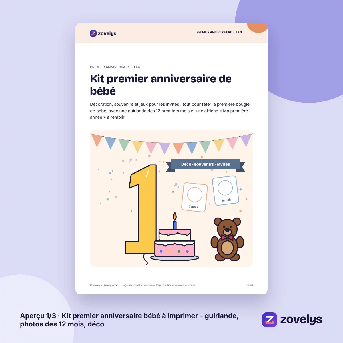 Kit premier anniversaire bébé à imprimer – guirlande, photos des 12 mois, déco – aperçu 1