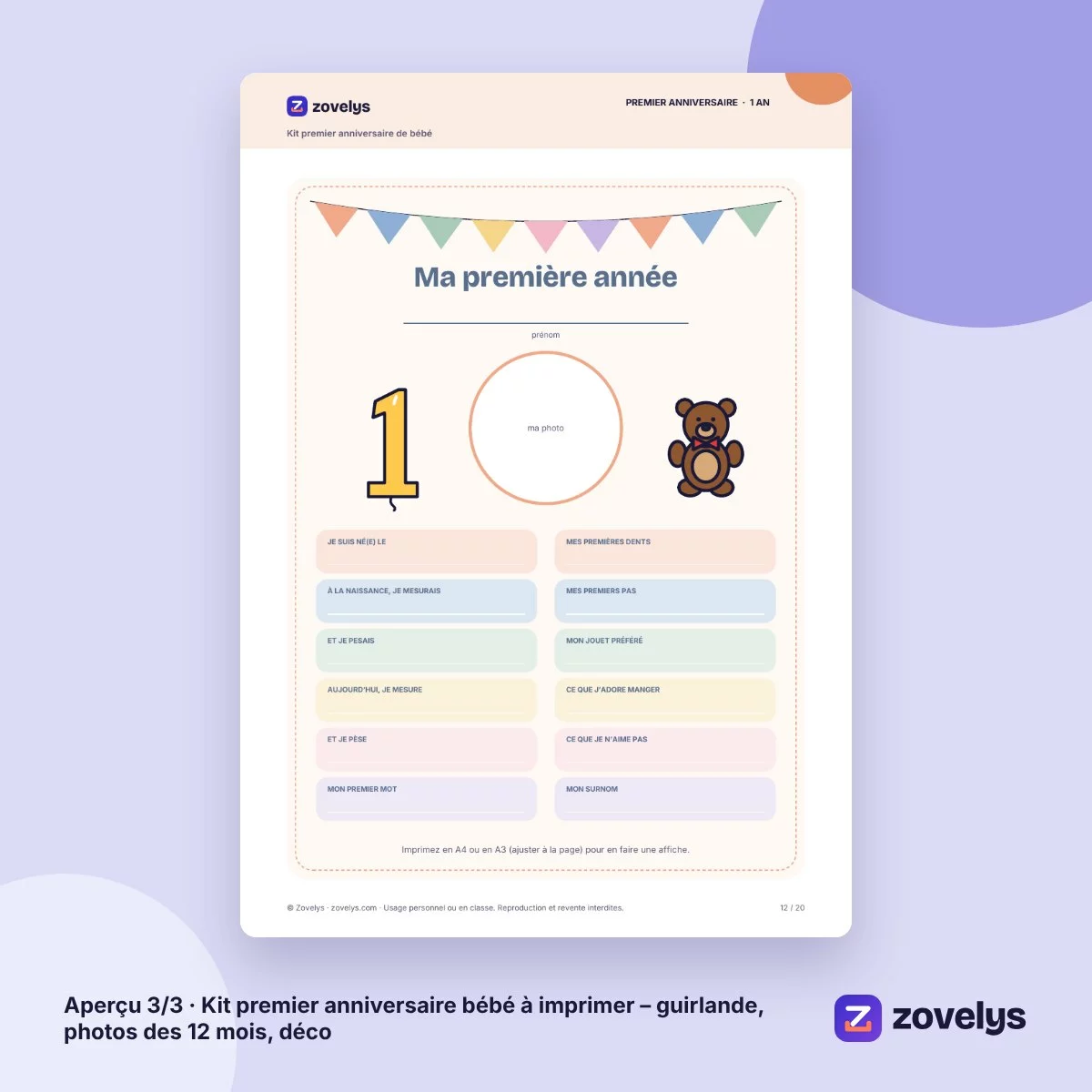 Kit premier anniversaire bébé à imprimer – guirlande, photos des 12 mois, déco – aperçu 3