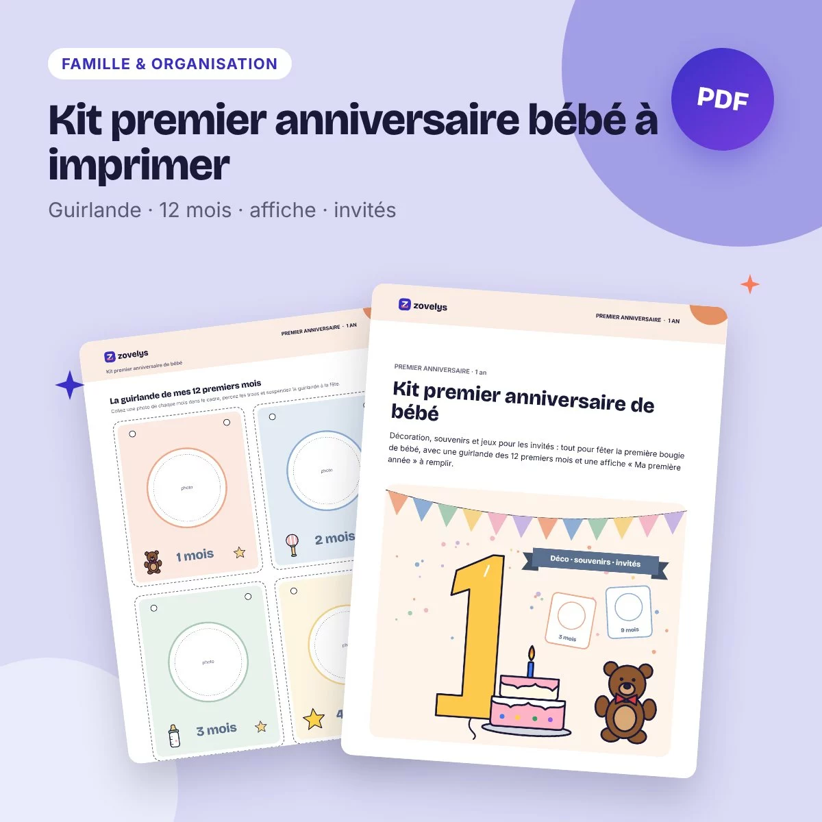 Kit premier anniversaire bébé à imprimer – guirlande, photos des 12 mois, déco