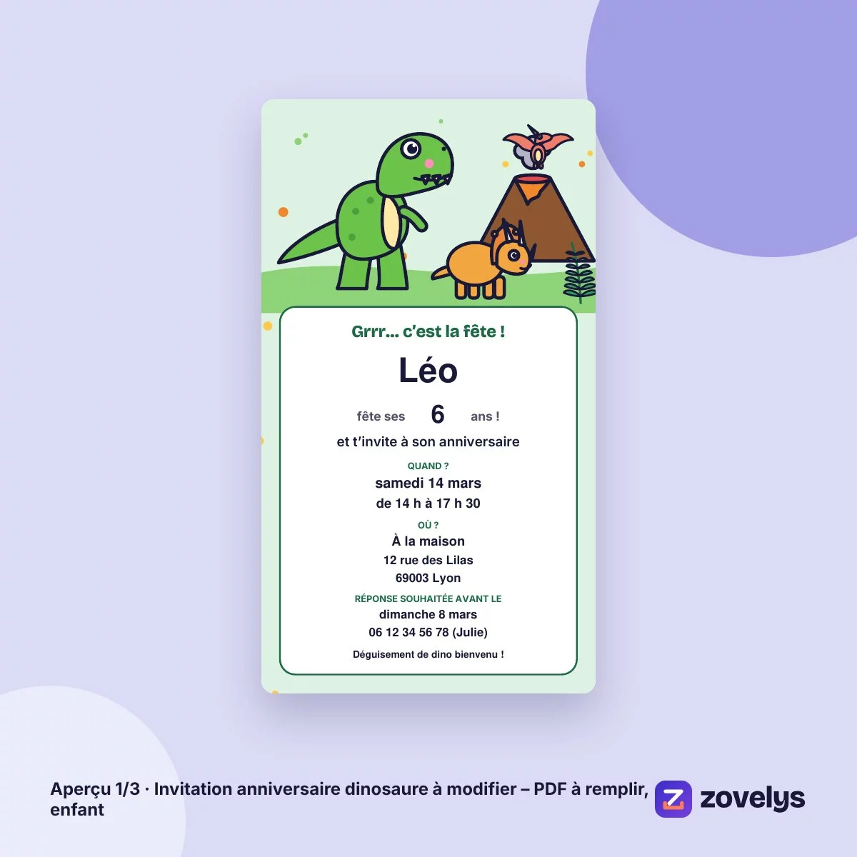 Invitation anniversaire dinosaure à modifier – PDF à remplir, enfant – aperçu 1
