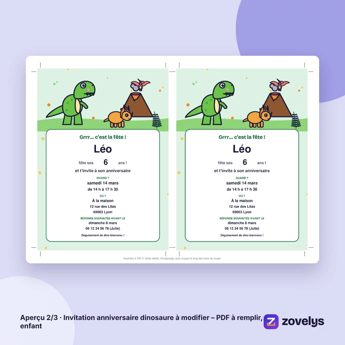 Invitation anniversaire dinosaure à modifier – PDF à remplir, enfant – aperçu 2