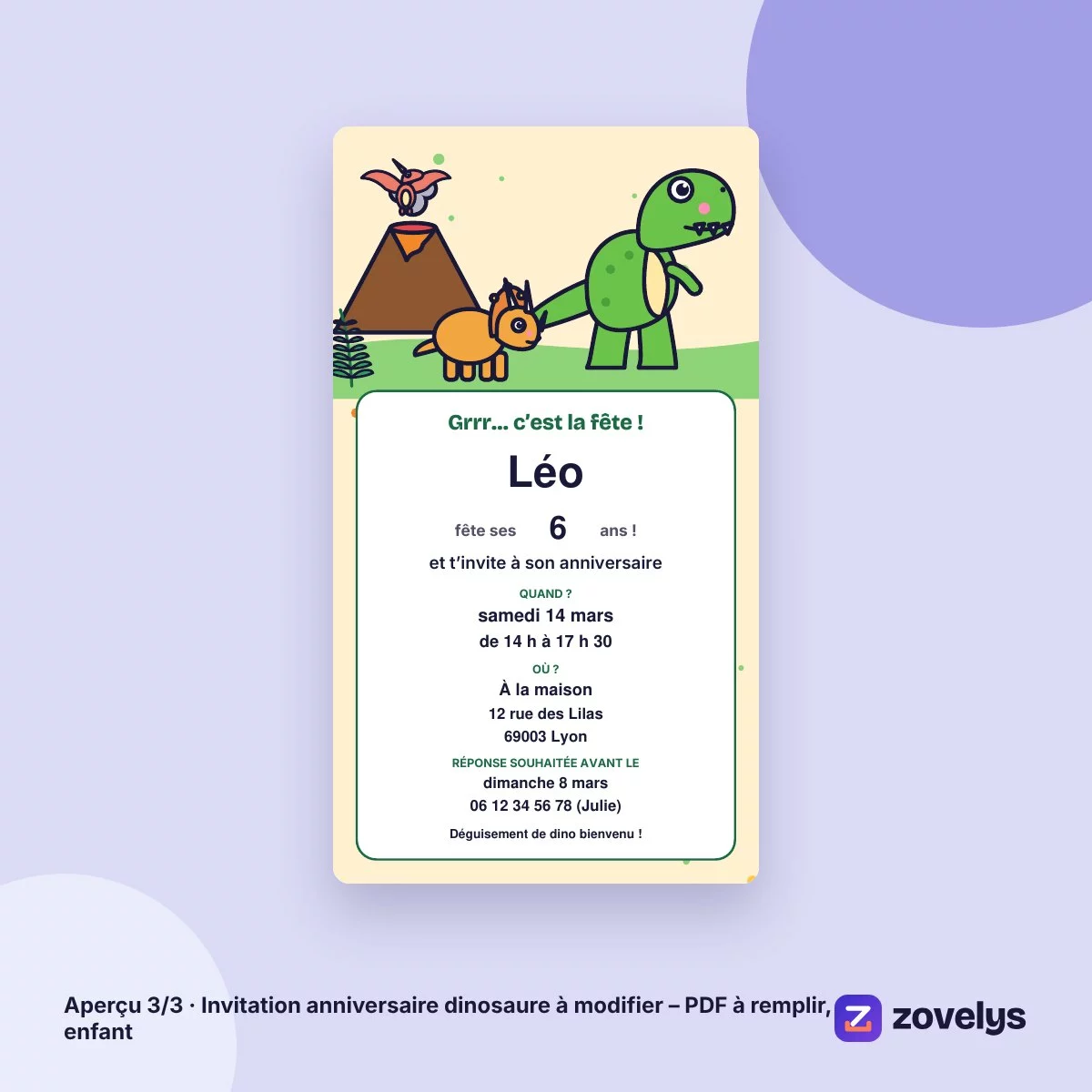 Invitation anniversaire dinosaure à modifier – PDF à remplir, enfant – aperçu 3