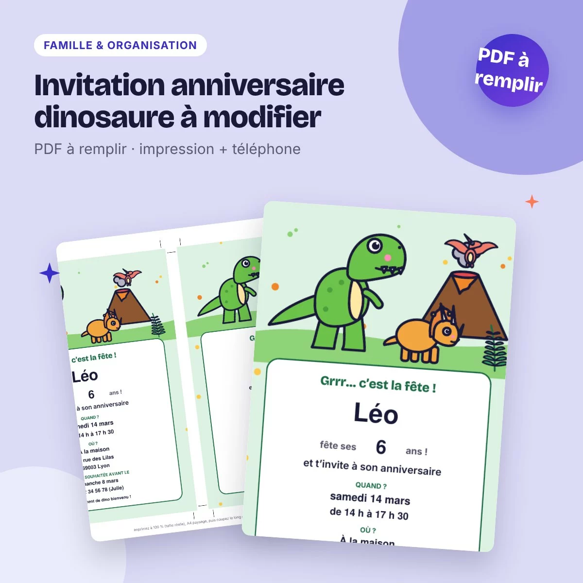 Invitation anniversaire dinosaure à modifier – PDF à remplir, enfant