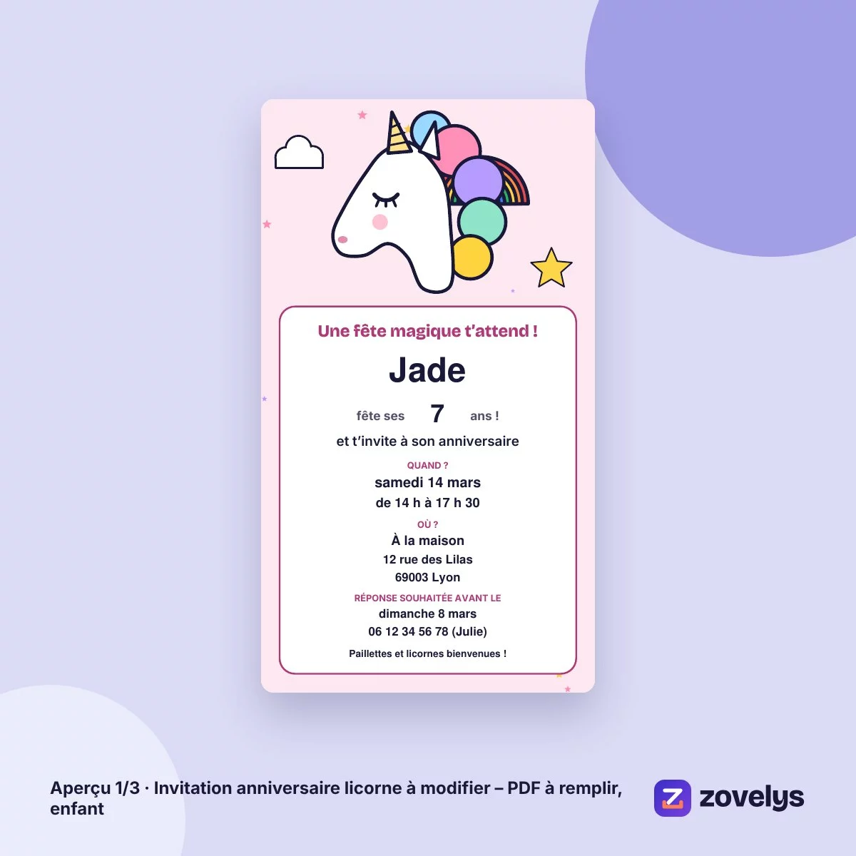 Invitation anniversaire licorne à modifier – PDF à remplir, enfant – aperçu 1