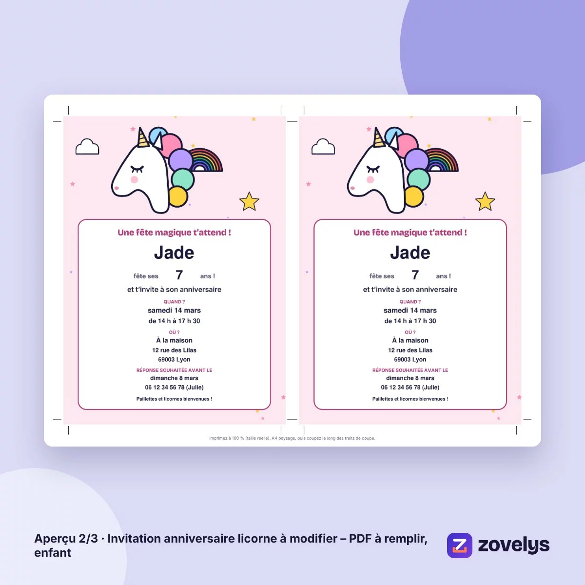 Invitation anniversaire licorne à modifier – PDF à remplir, enfant – aperçu 2