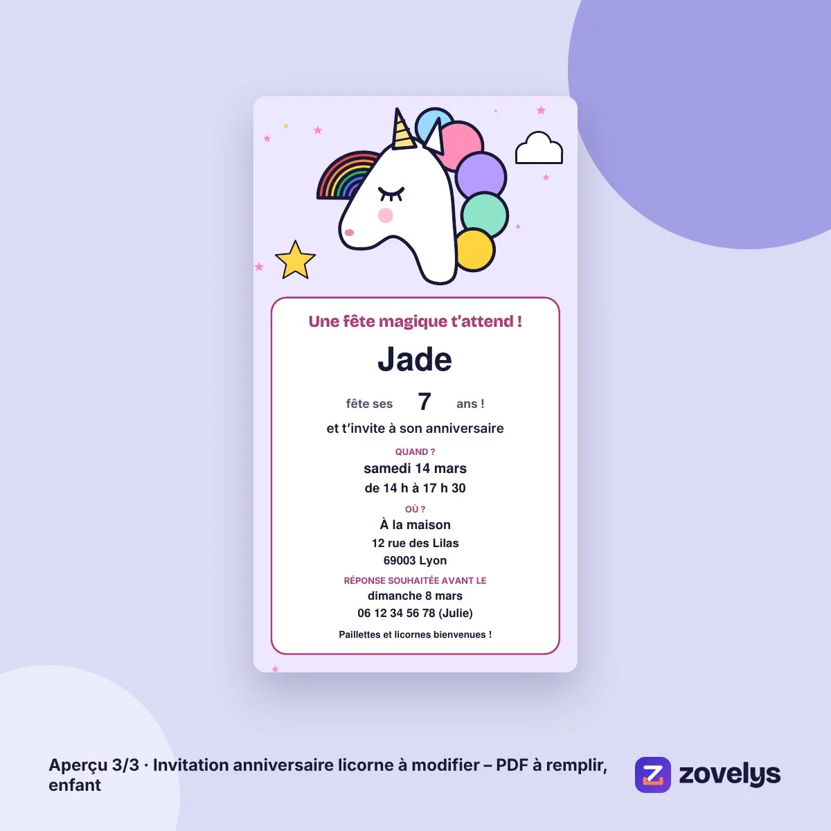 Invitation anniversaire licorne à modifier – PDF à remplir, enfant – aperçu 3