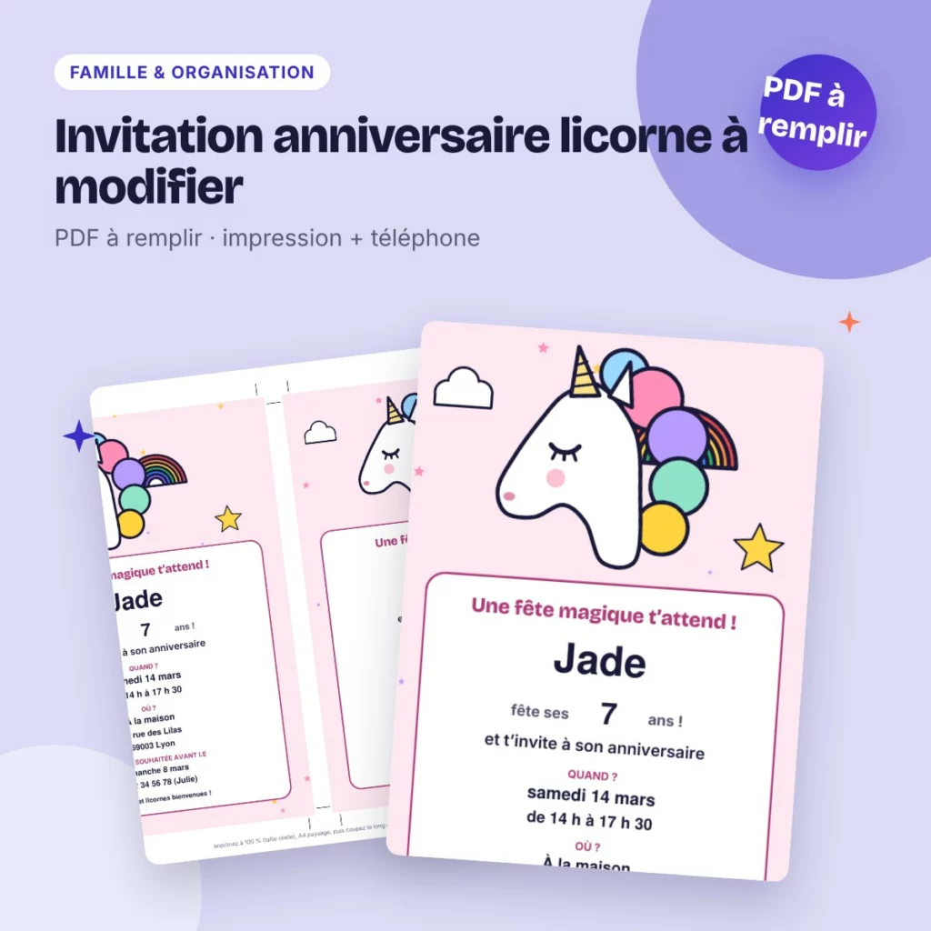Invitation anniversaire licorne à modifier – PDF à remplir, enfant
