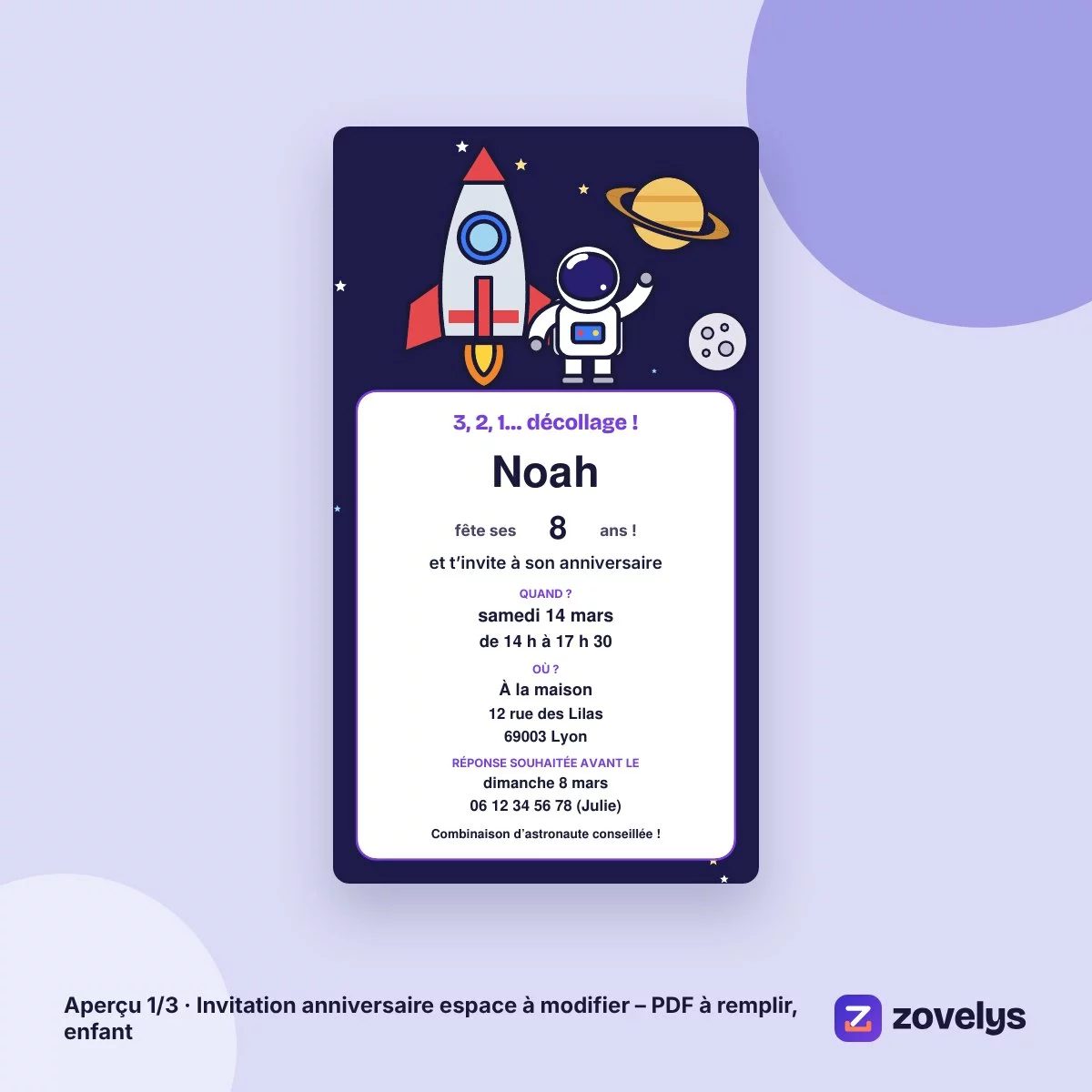 Invitation anniversaire espace à modifier – PDF à remplir, enfant – aperçu 1
