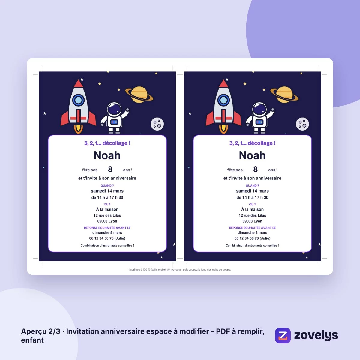 Invitation anniversaire espace à modifier – PDF à remplir, enfant – aperçu 2