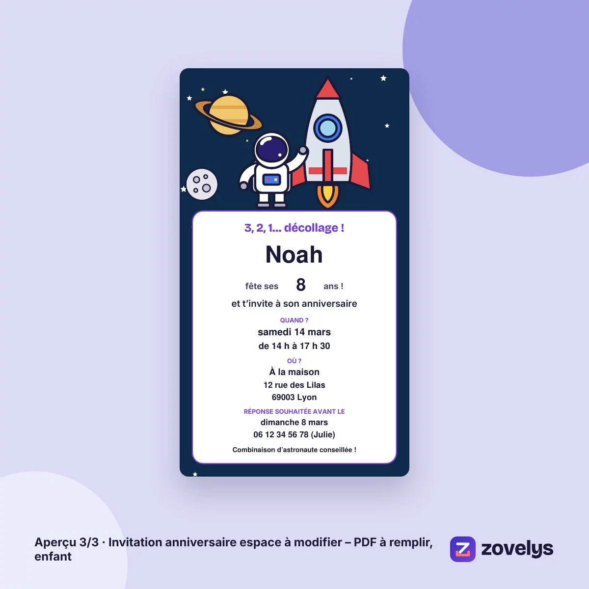 Invitation anniversaire espace à modifier – PDF à remplir, enfant – aperçu 3