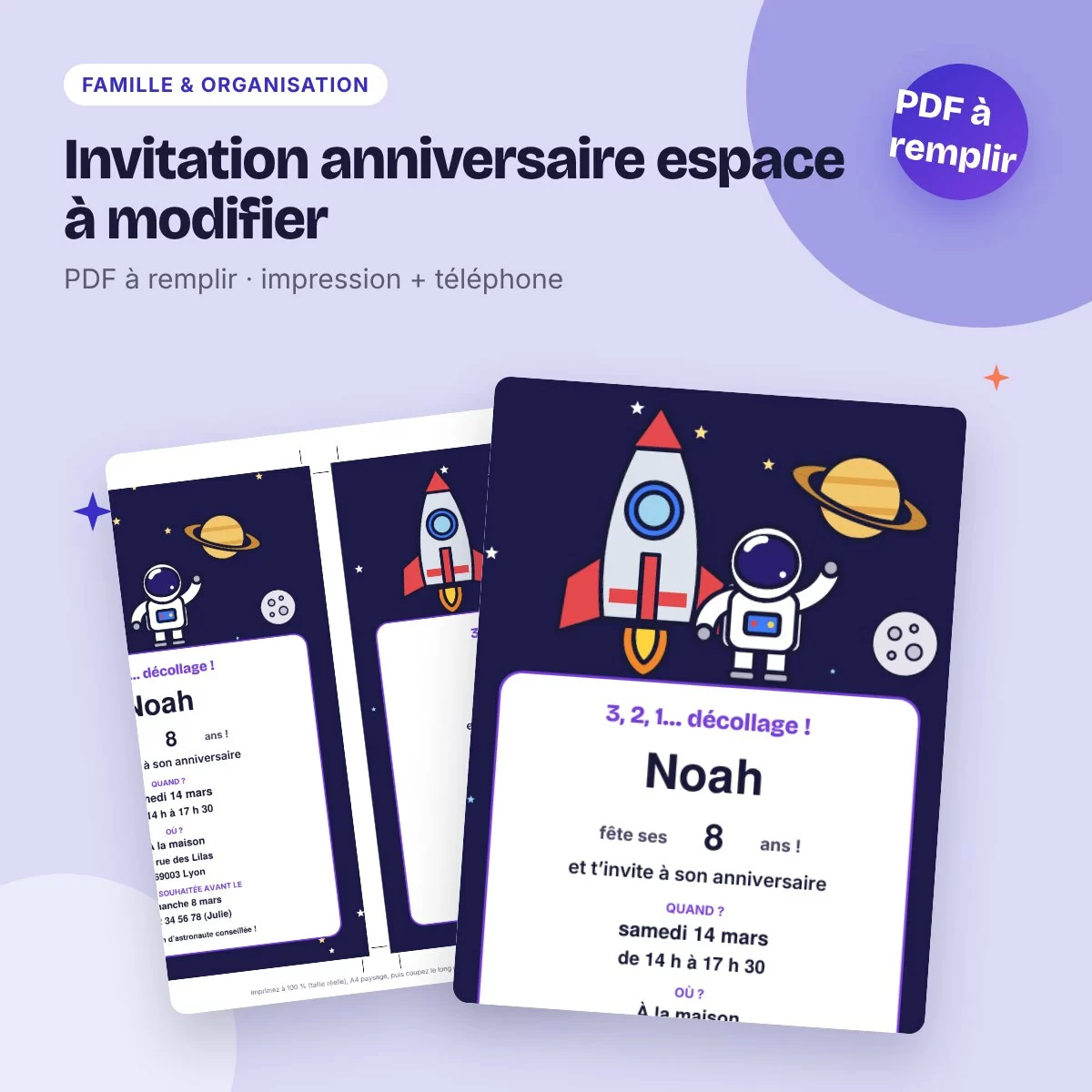 Invitation anniversaire espace à modifier – PDF à remplir, enfant