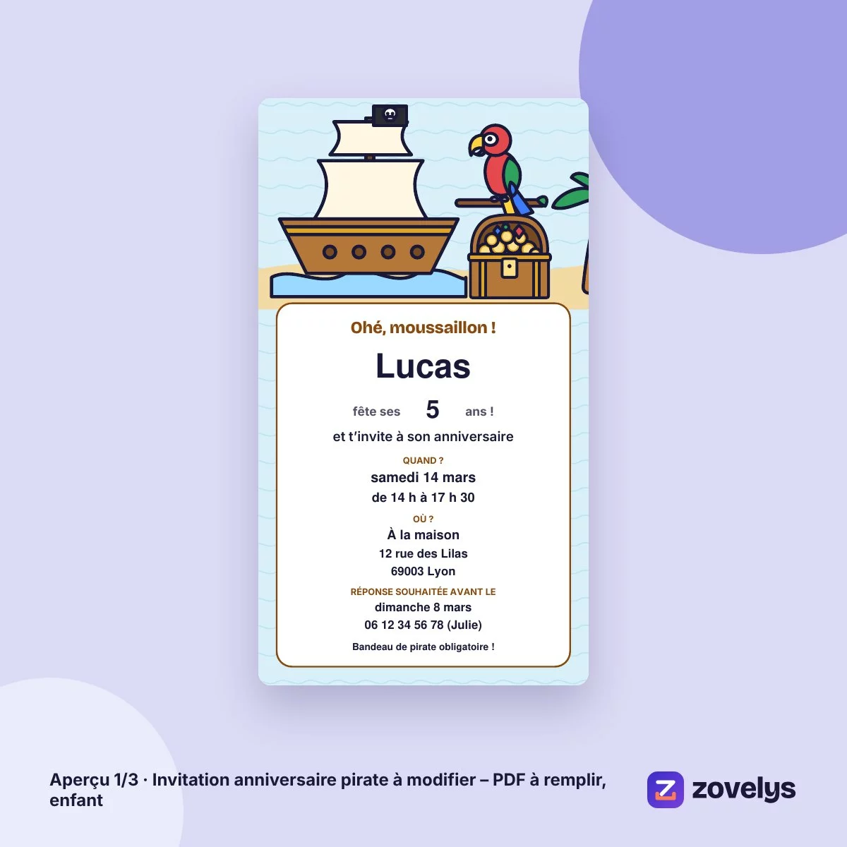 Invitation anniversaire pirate à modifier – PDF à remplir, enfant – aperçu 1