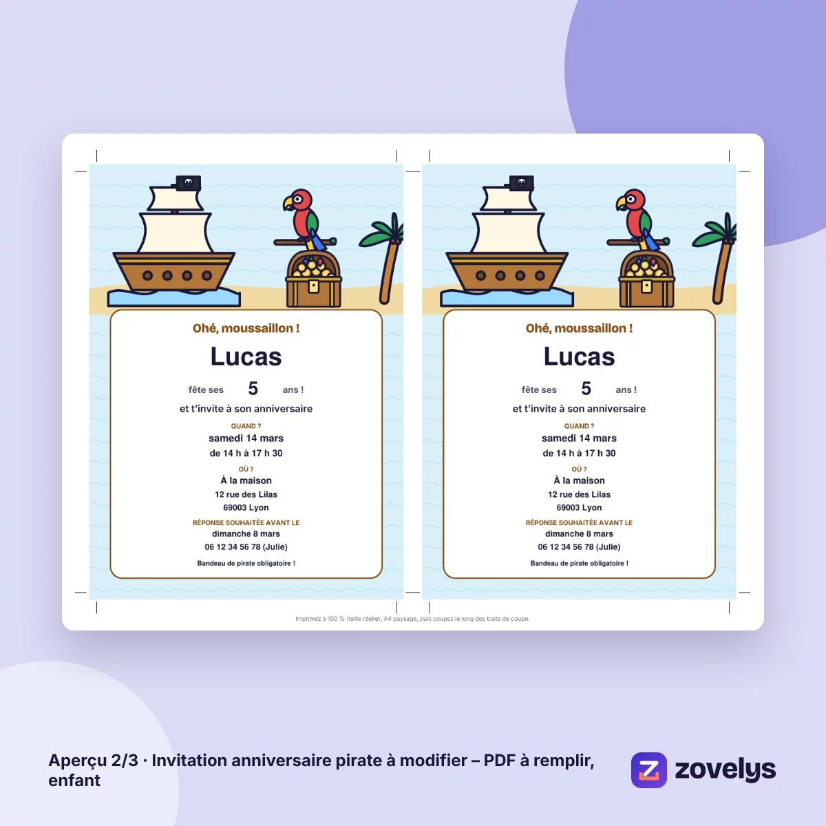 Invitation anniversaire pirate à modifier – PDF à remplir, enfant – aperçu 2