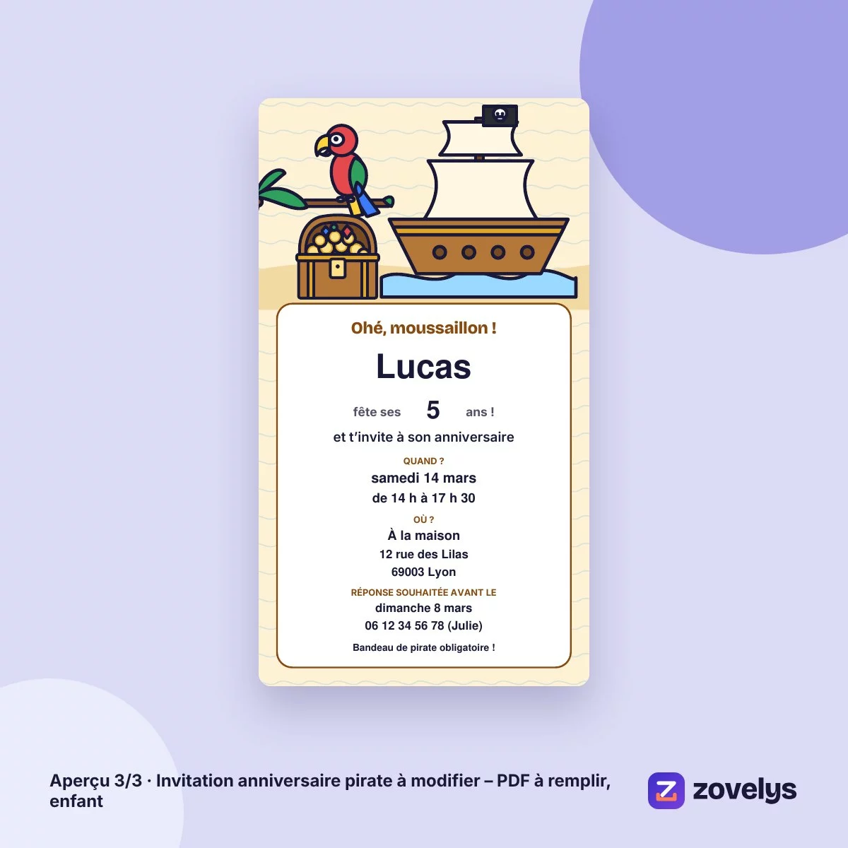 Invitation anniversaire pirate à modifier – PDF à remplir, enfant – aperçu 3