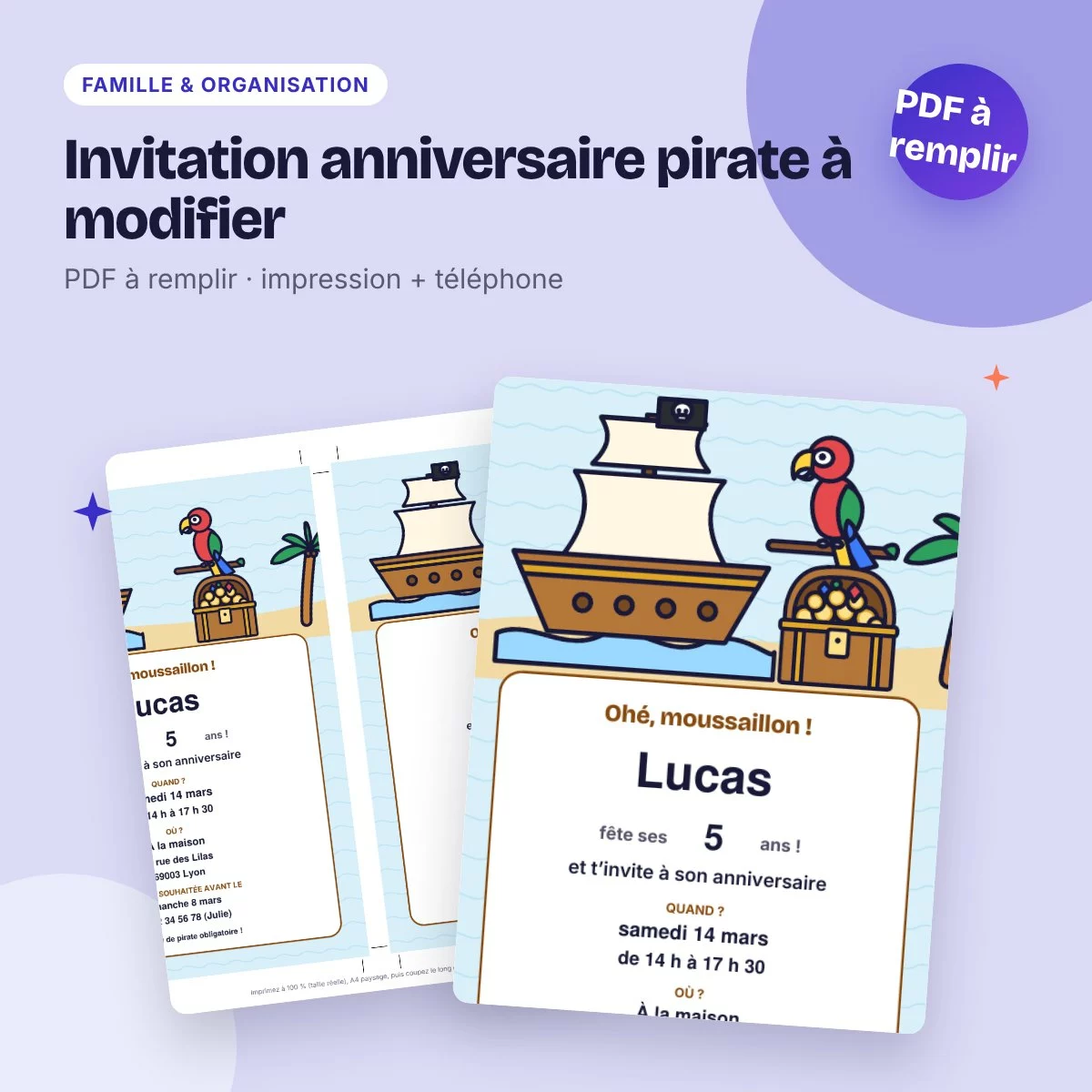 Invitation anniversaire pirate à modifier – PDF à remplir, enfant