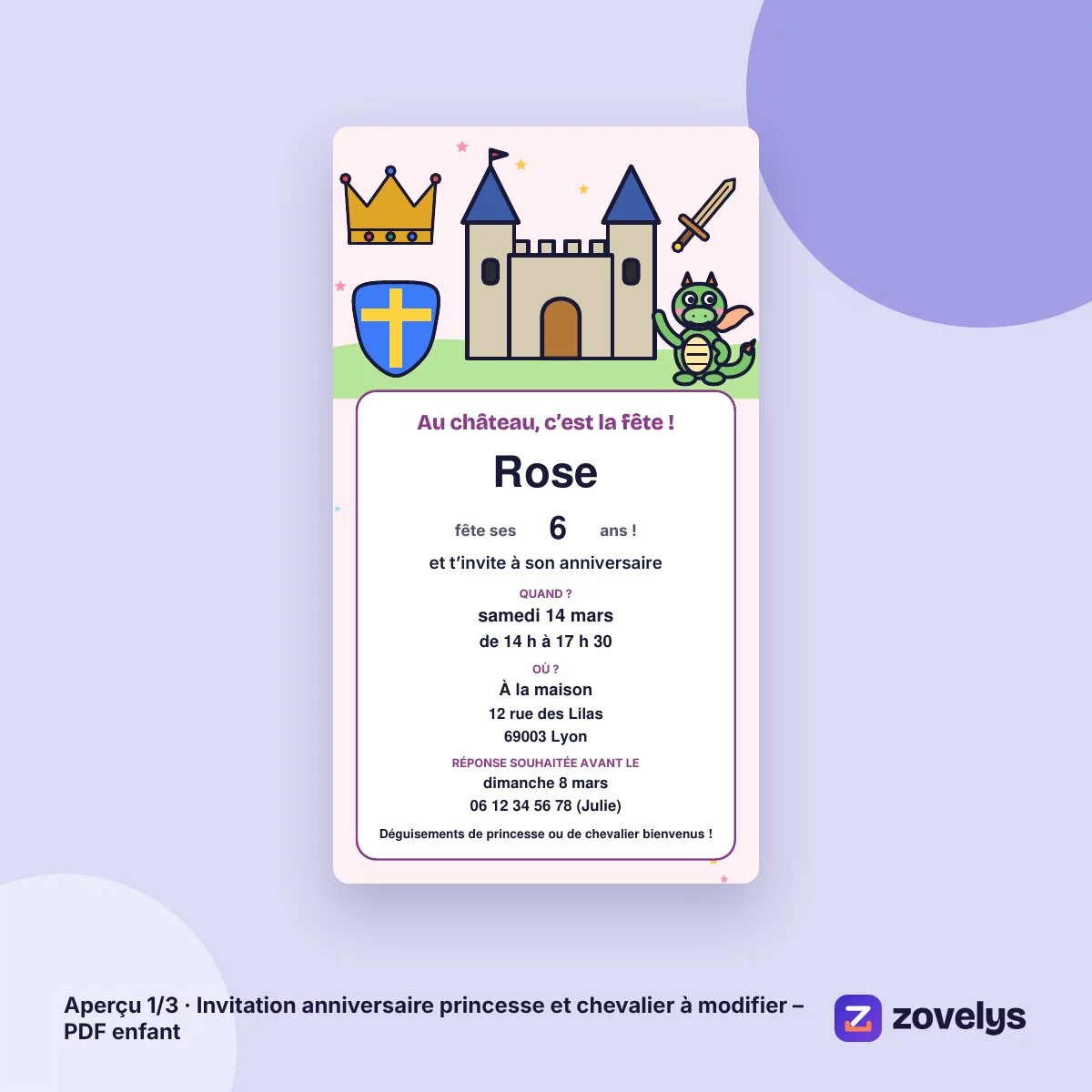 Invitation anniversaire princesse et chevalier à modifier – PDF enfant – aperçu 1