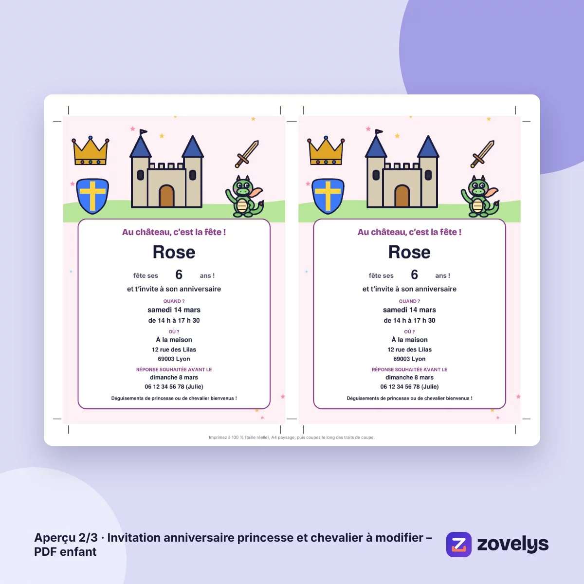 Invitation anniversaire princesse et chevalier à modifier – PDF enfant – aperçu 2