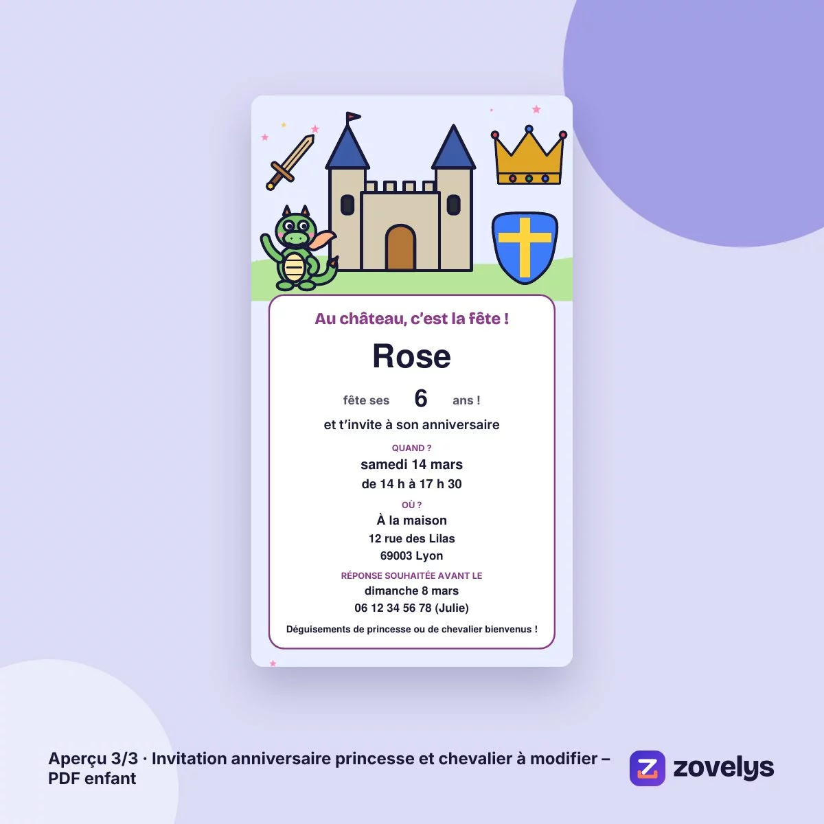 Invitation anniversaire princesse et chevalier à modifier – PDF enfant – aperçu 3