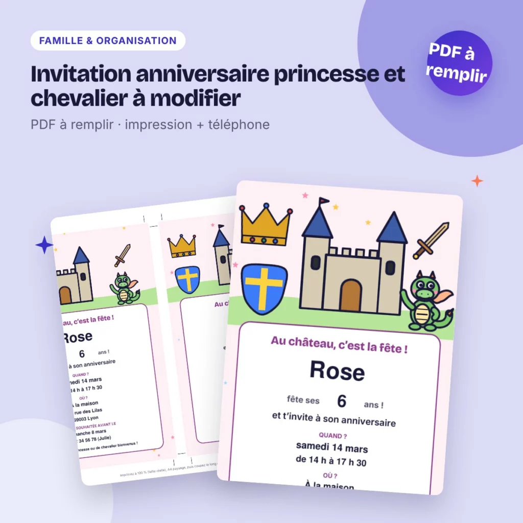 Invitation anniversaire princesse et chevalier à modifier – PDF enfant