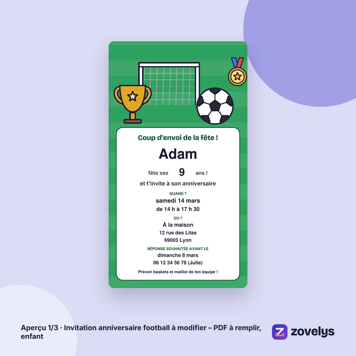 Invitation anniversaire football à modifier – PDF à remplir, enfant – aperçu 1