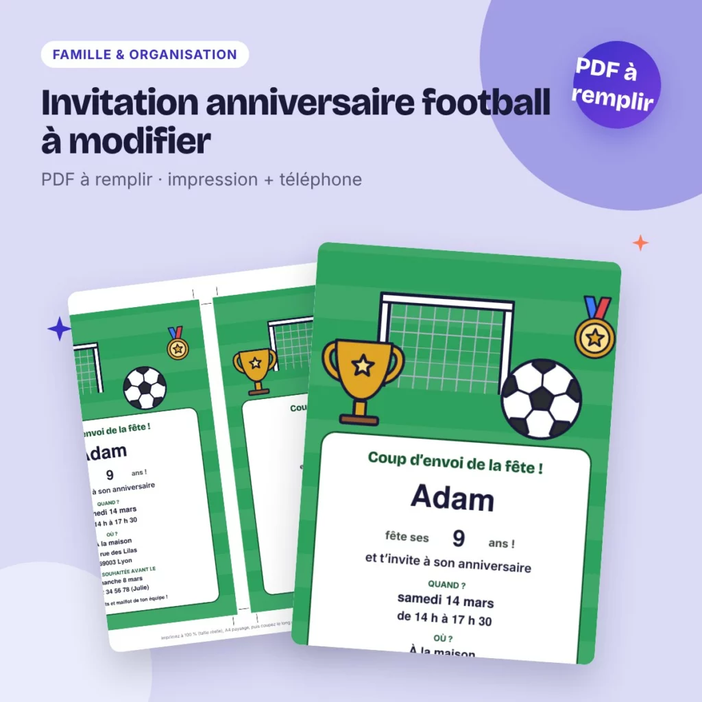 Invitation anniversaire football à modifier – PDF à remplir, enfant