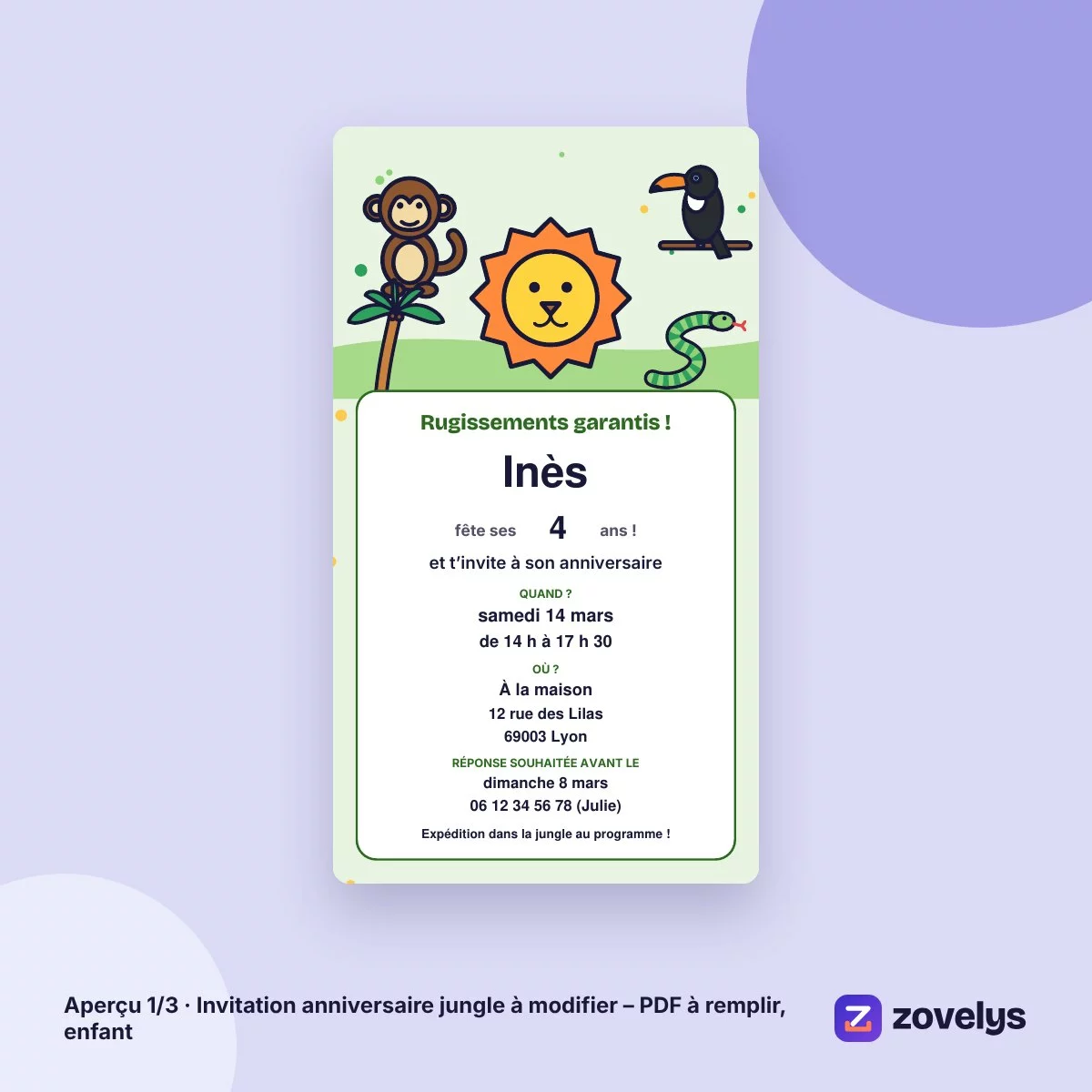 Invitation anniversaire jungle à modifier – PDF à remplir, enfant – aperçu 1