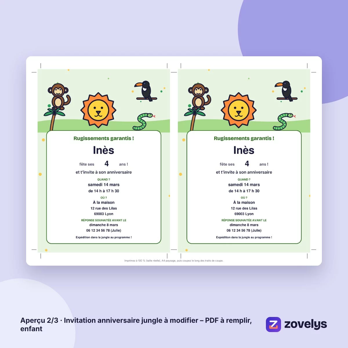 Invitation anniversaire jungle à modifier – PDF à remplir, enfant – aperçu 2