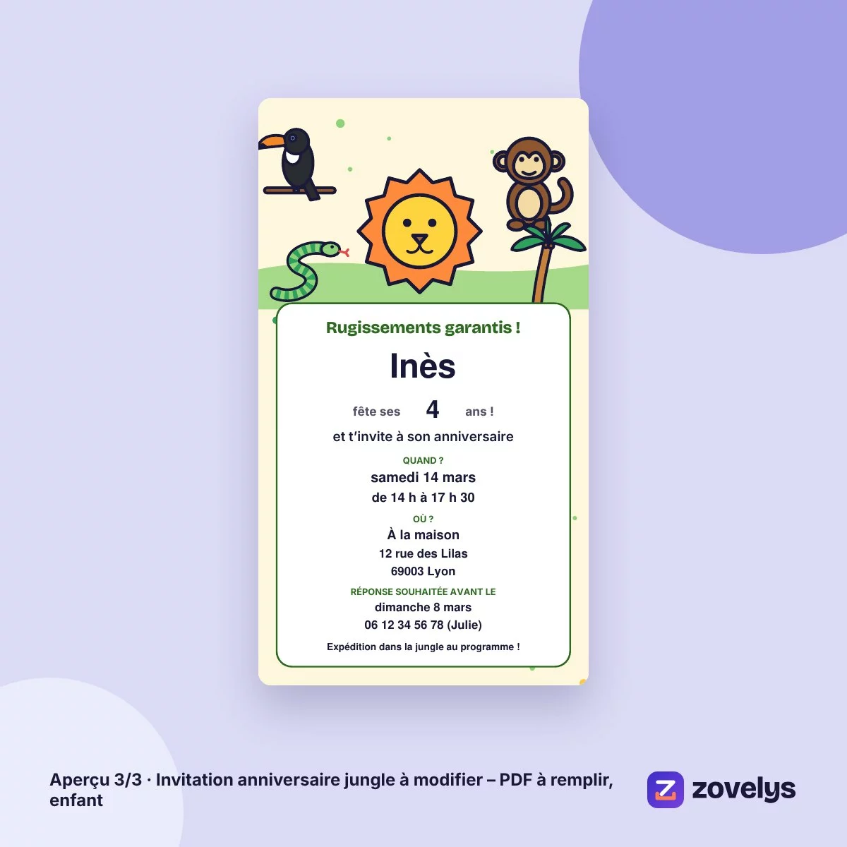 Invitation anniversaire jungle à modifier – PDF à remplir, enfant – aperçu 3