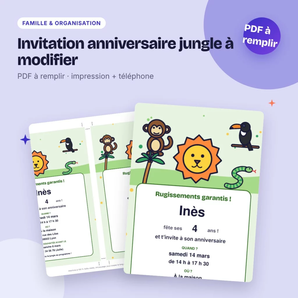 Invitation anniversaire jungle à modifier – PDF à remplir, enfant