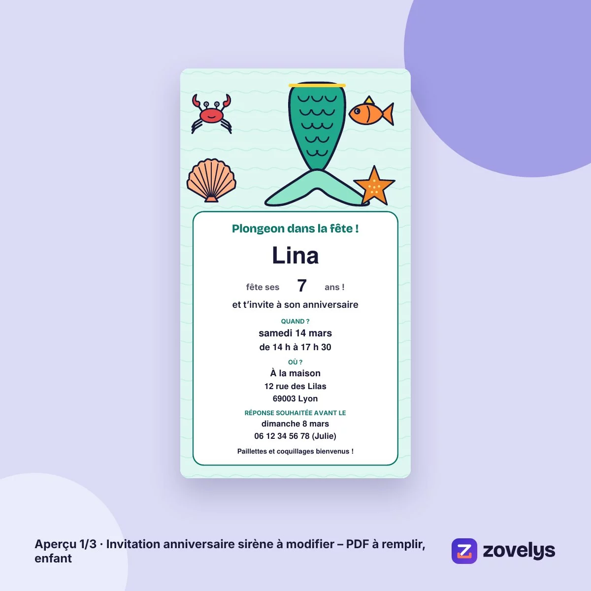 Invitation anniversaire sirène à modifier – PDF à remplir, enfant – aperçu 1