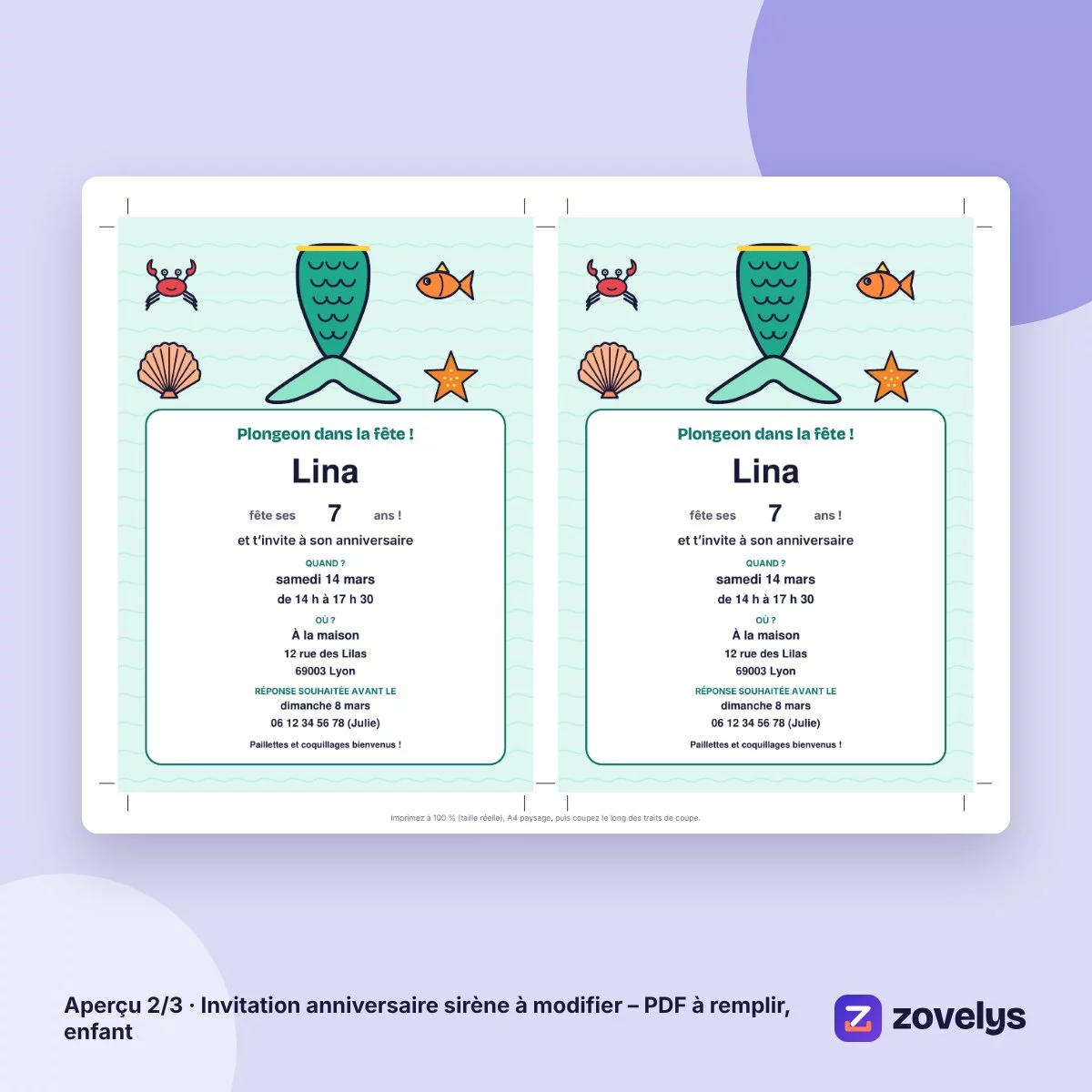 Invitation anniversaire sirène à modifier – PDF à remplir, enfant – aperçu 2