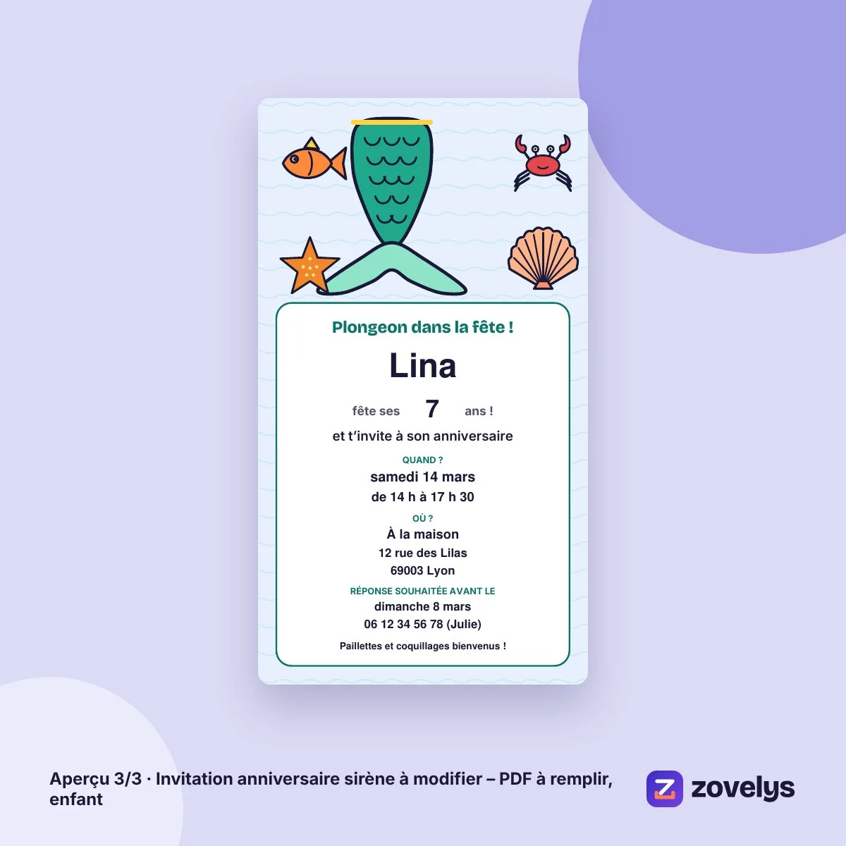 Invitation anniversaire sirène à modifier – PDF à remplir, enfant – aperçu 3