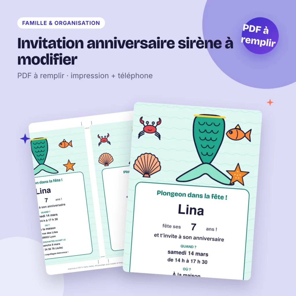 Invitation anniversaire sirène à modifier – PDF à remplir, enfant