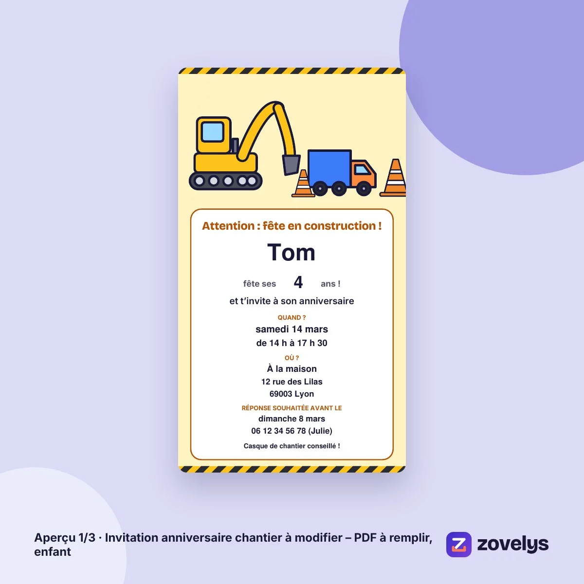 Invitation anniversaire chantier à modifier – PDF à remplir, enfant – aperçu 1