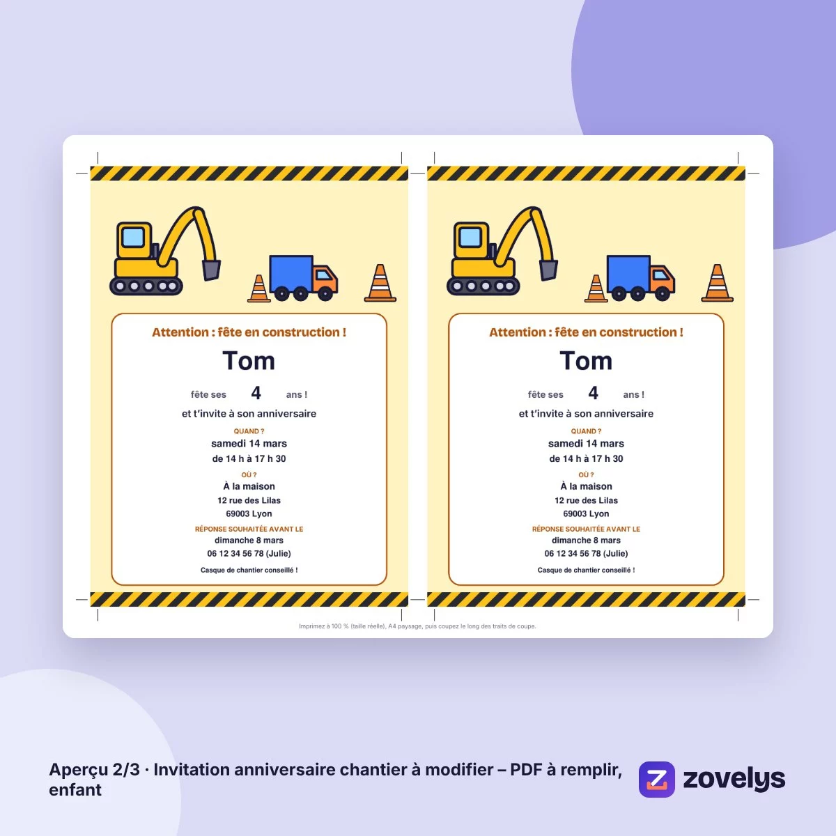 Invitation anniversaire chantier à modifier – PDF à remplir, enfant – aperçu 2