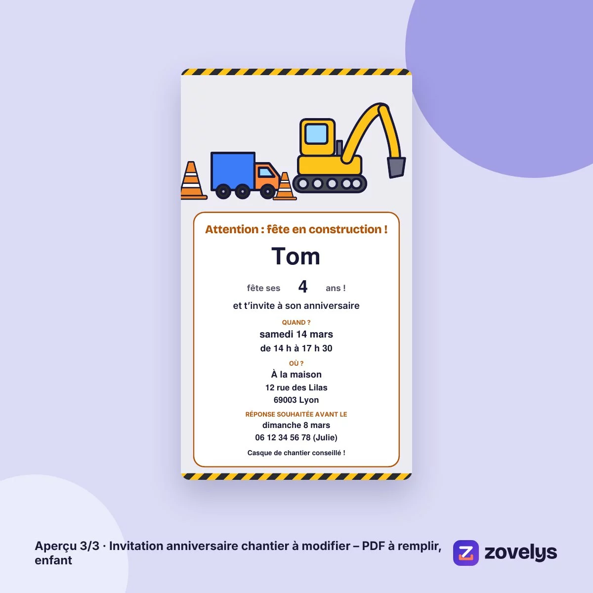 Invitation anniversaire chantier à modifier – PDF à remplir, enfant – aperçu 3
