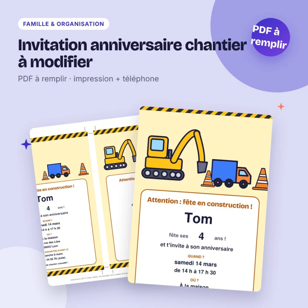 Invitation anniversaire chantier à modifier – PDF à remplir, enfant