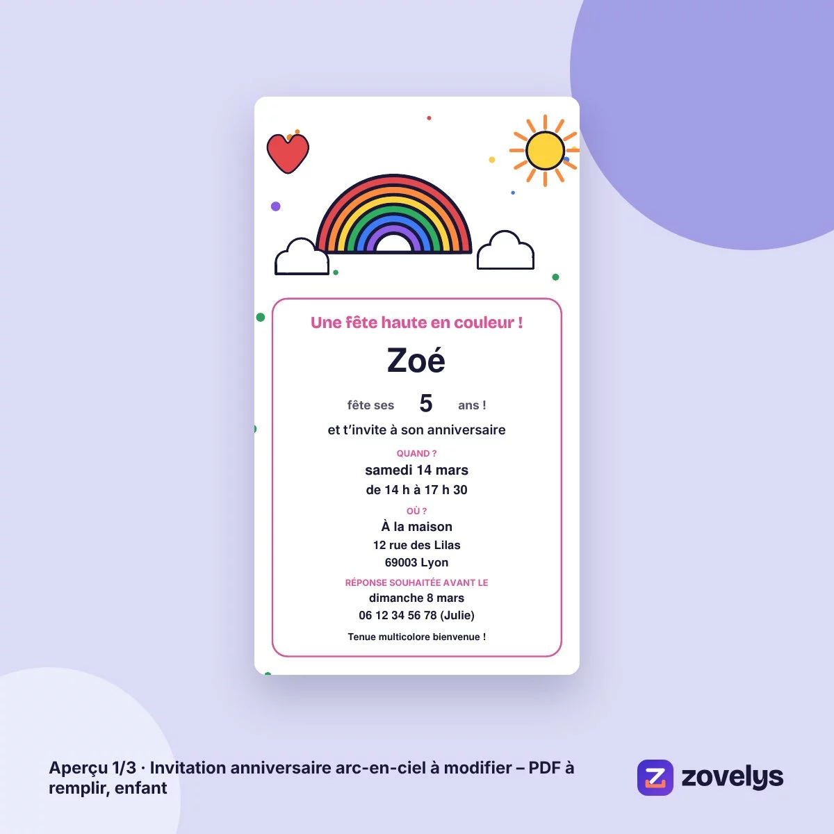 Invitation anniversaire arc-en-ciel à modifier – PDF à remplir, enfant – aperçu 1