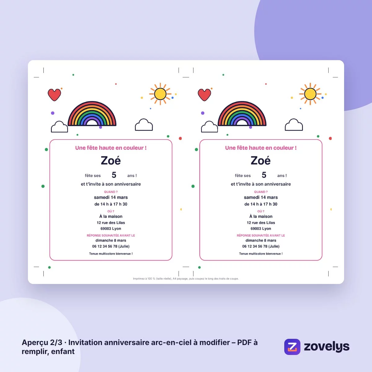 Invitation anniversaire arc-en-ciel à modifier – PDF à remplir, enfant – aperçu 2