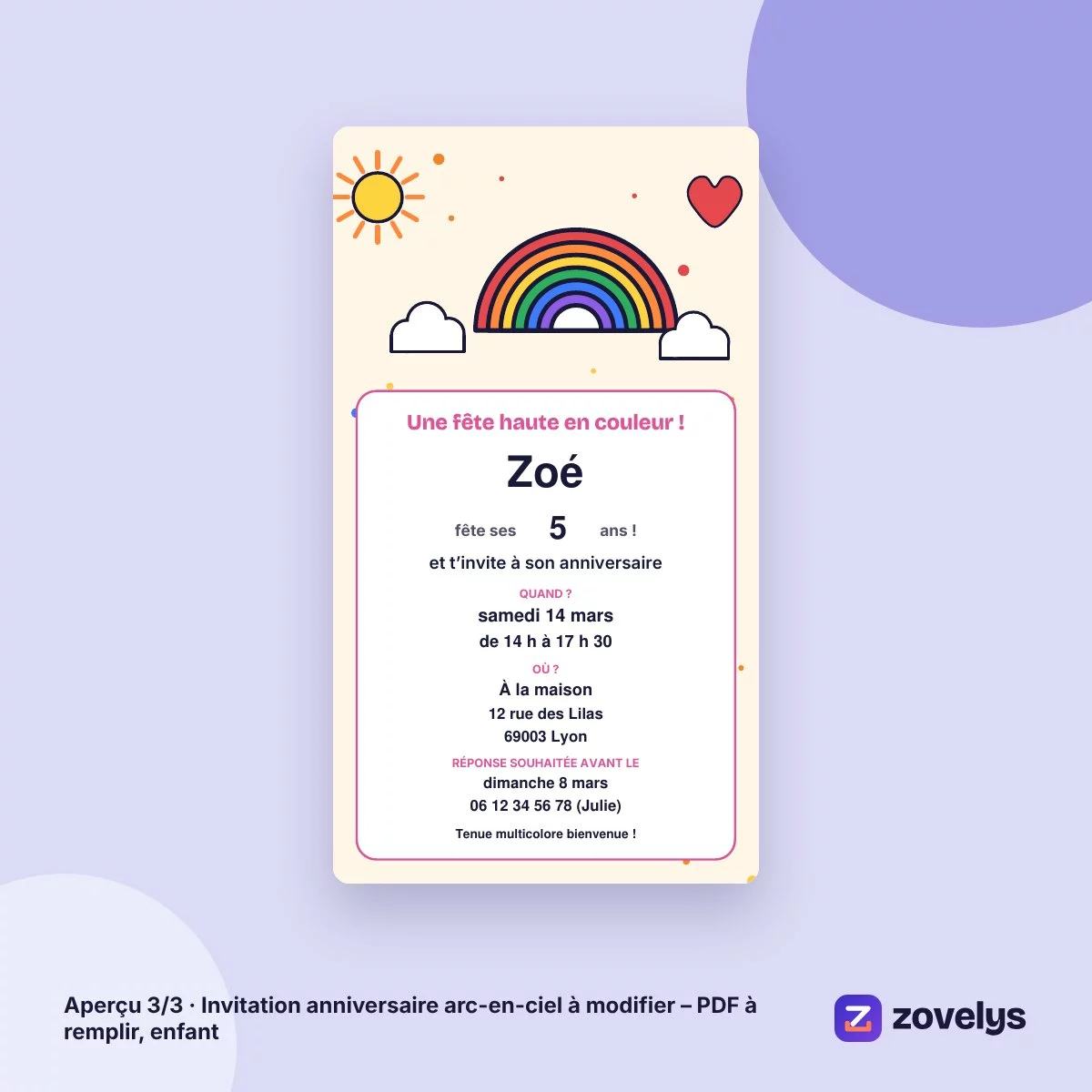 Invitation anniversaire arc-en-ciel à modifier – PDF à remplir, enfant – aperçu 3