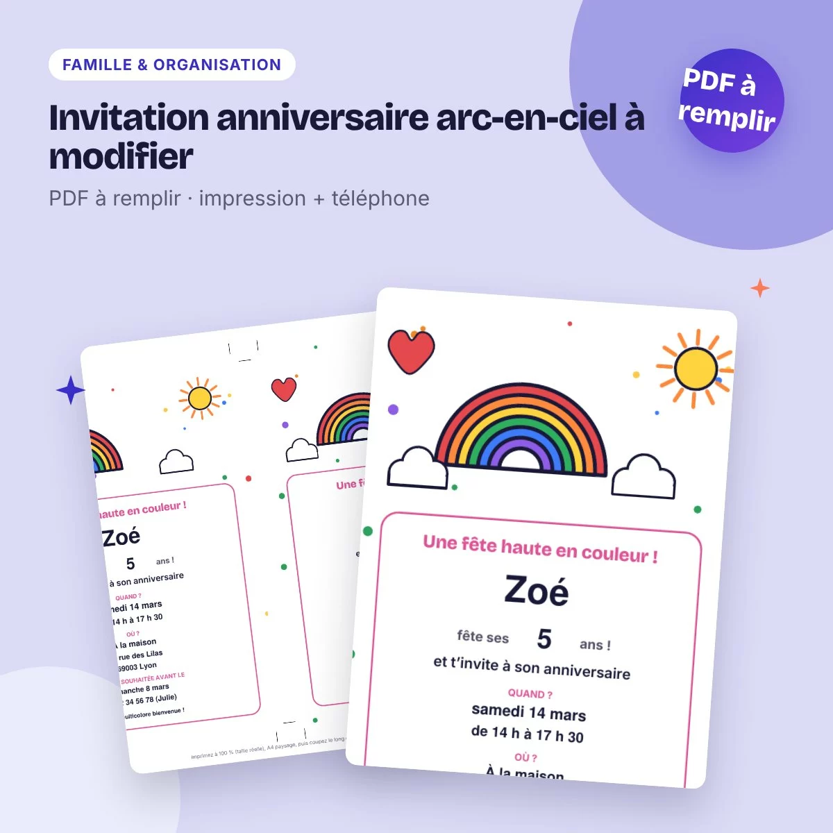Invitation anniversaire arc-en-ciel à modifier – PDF à remplir, enfant