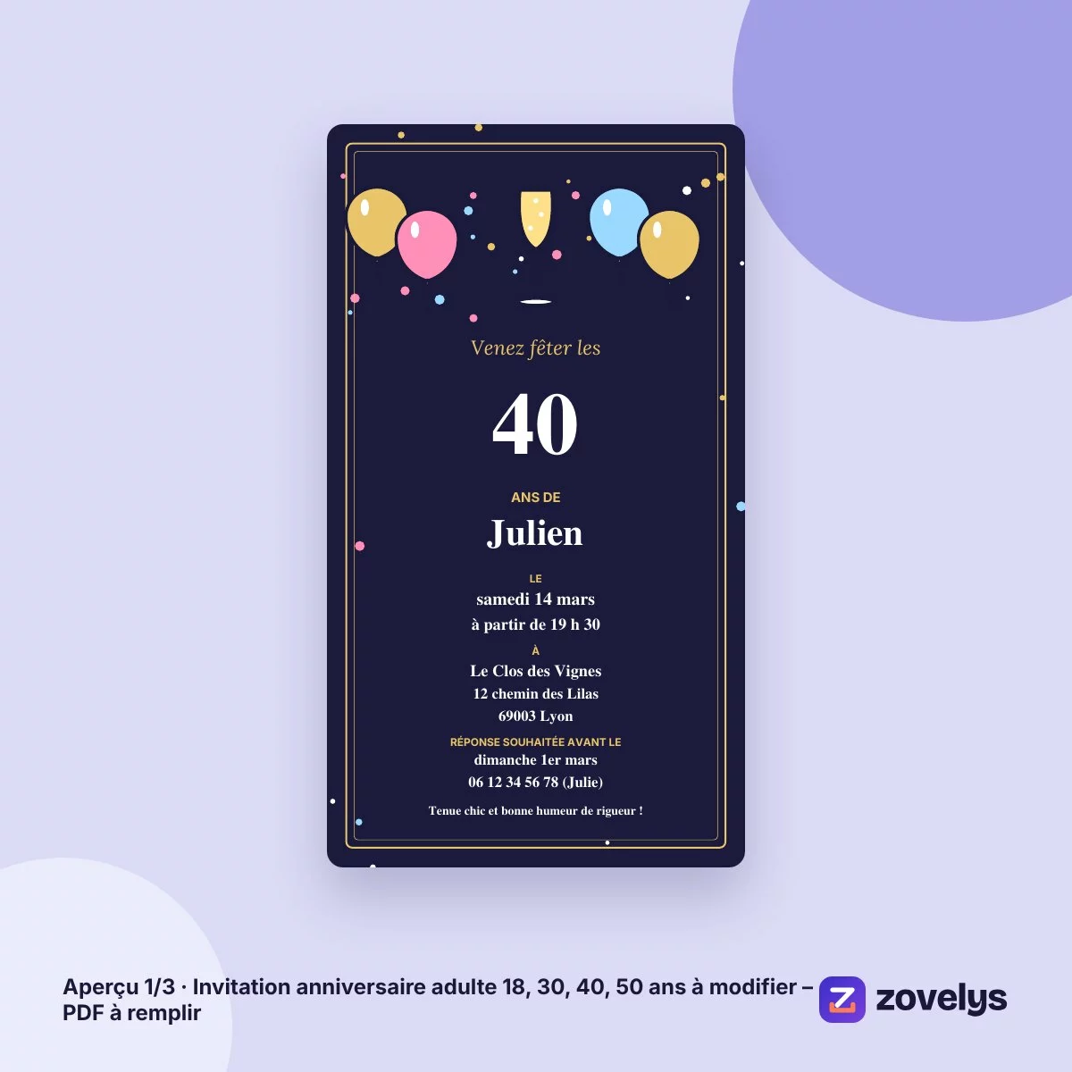 Invitation anniversaire adulte 18, 30, 40, 50 ans à modifier – PDF à remplir – aperçu 1