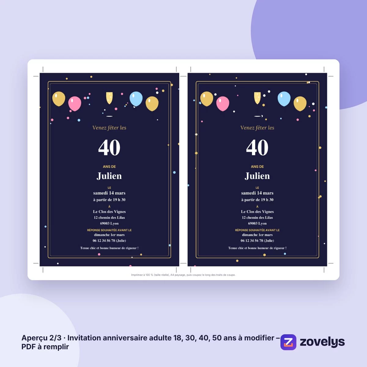 Invitation anniversaire adulte 18, 30, 40, 50 ans à modifier – PDF à remplir – aperçu 2