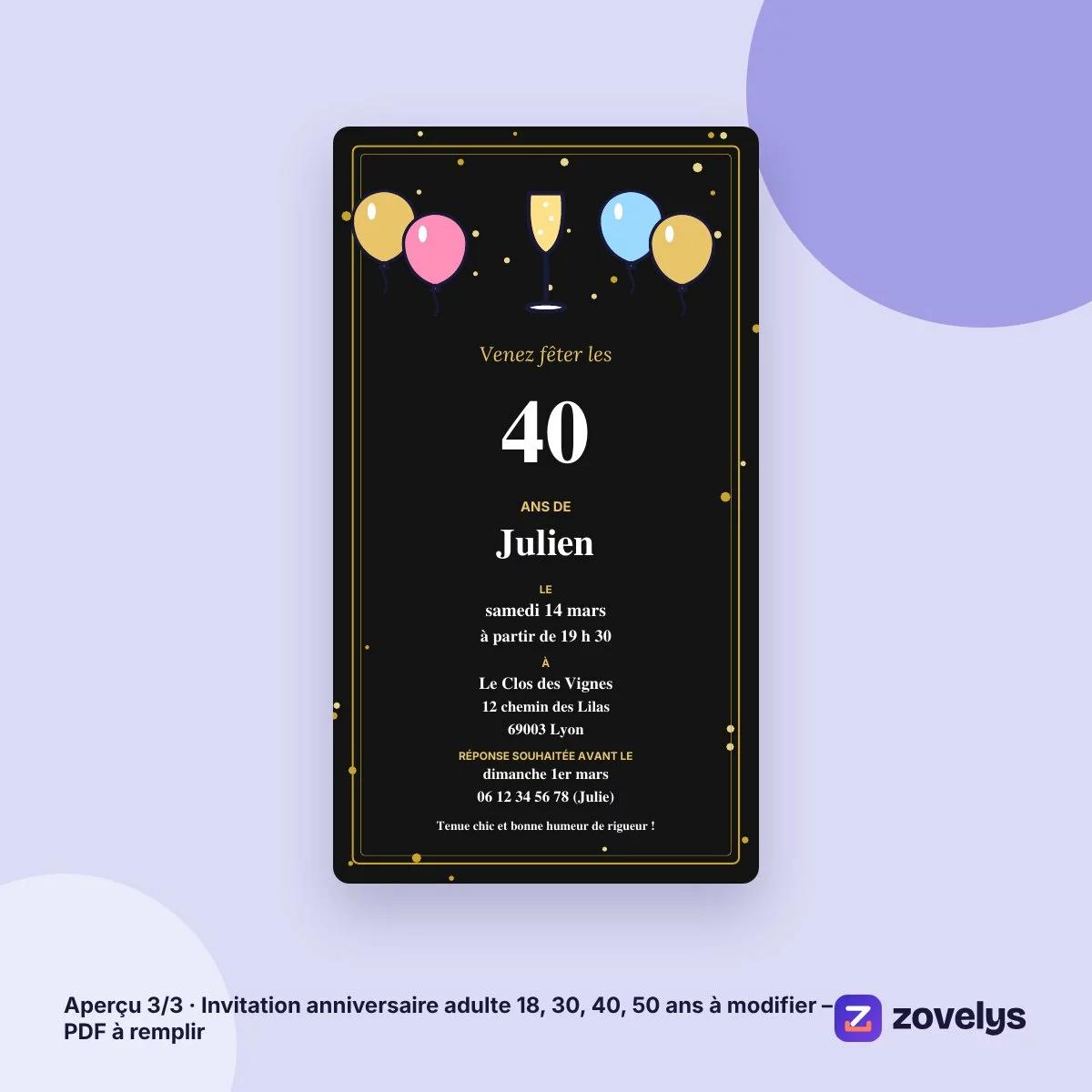 Invitation anniversaire adulte 18, 30, 40, 50 ans à modifier – PDF à remplir – aperçu 3