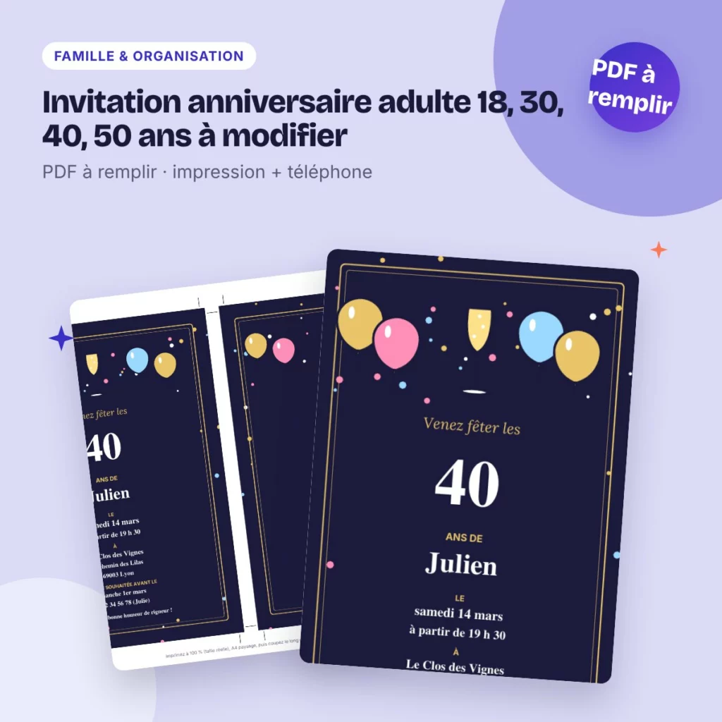 Invitation anniversaire adulte 18, 30, 40, 50 ans à modifier – PDF à remplir