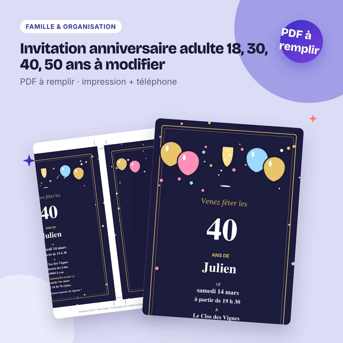 Invitation anniversaire adulte 18, 30, 40, 50 ans à modifier – PDF à remplir