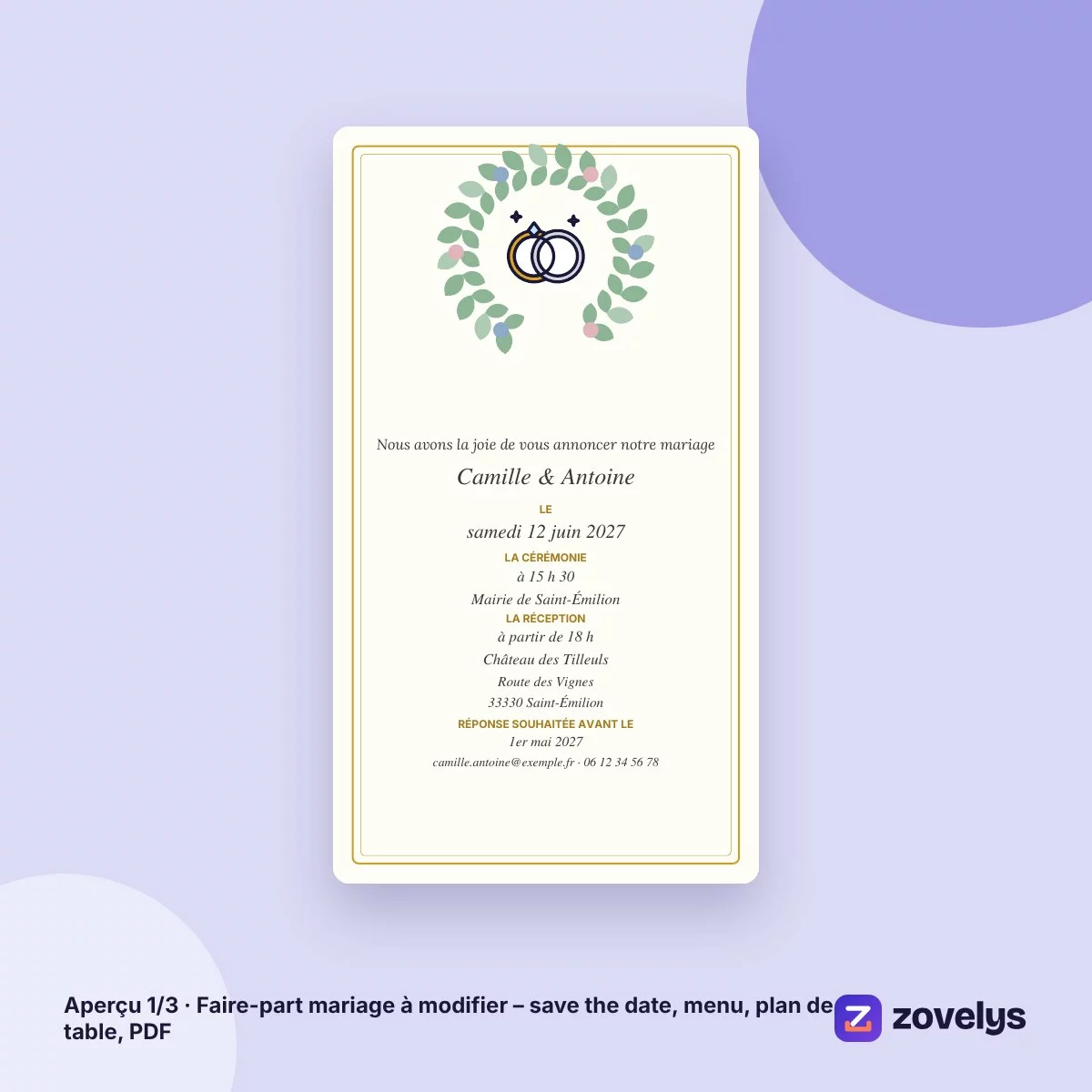 Faire-part mariage à modifier – save the date, menu, plan de table, PDF – aperçu 1