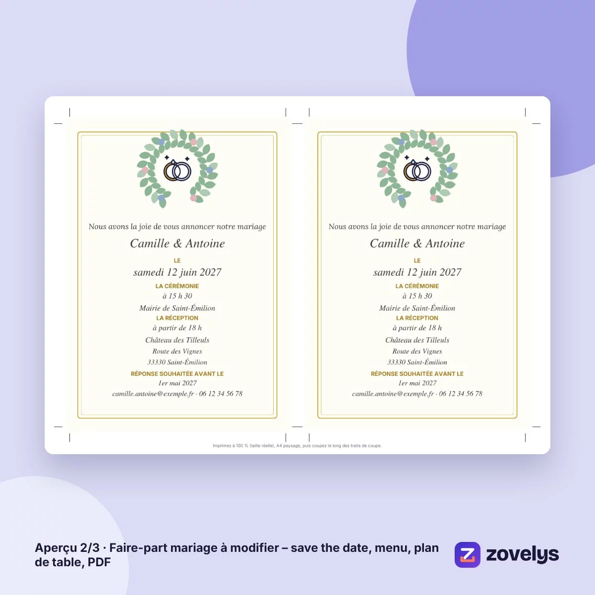 Faire-part mariage à modifier – save the date, menu, plan de table, PDF – aperçu 2