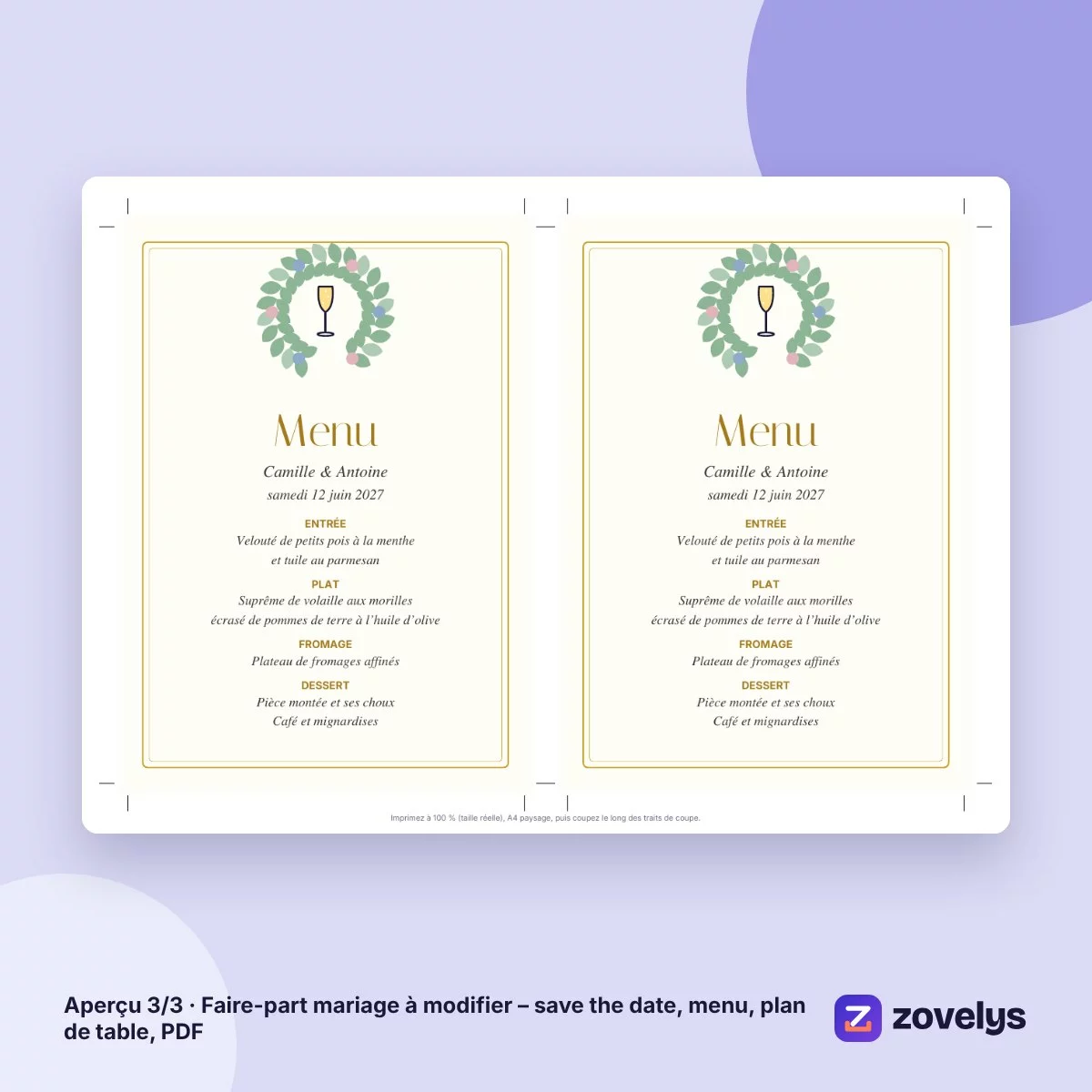 Faire-part mariage à modifier – save the date, menu, plan de table, PDF – aperçu 3