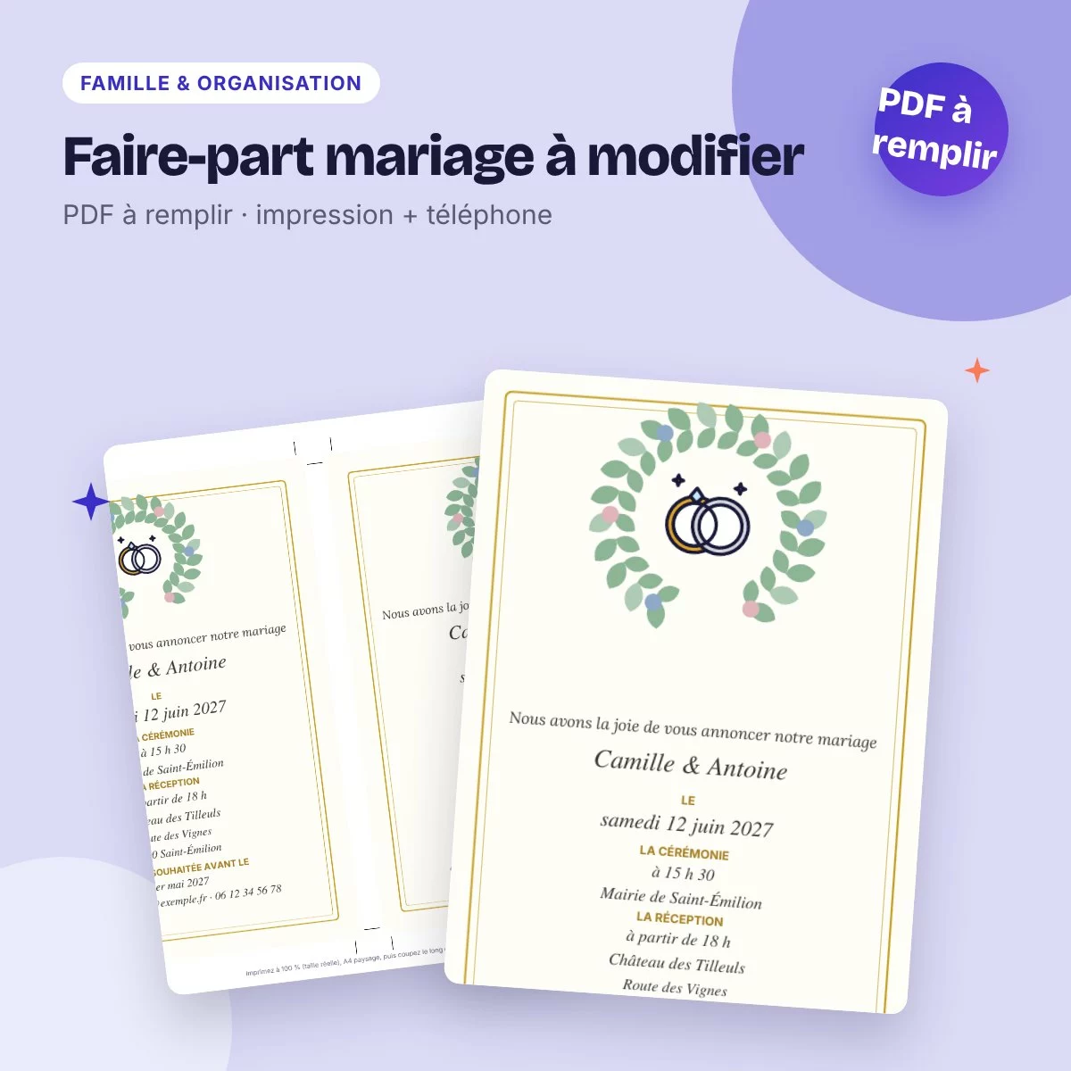 Faire-part mariage à modifier – save the date, menu, plan de table, PDF